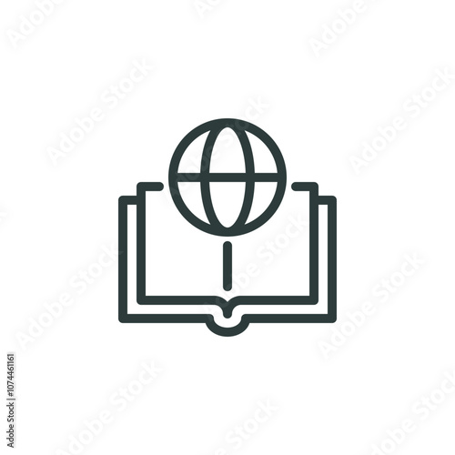 International education, dictionary, global knowledge outline icon. Line sign open book and symbol globe. Vector isolated pictograms for web and app on white background editable stroke.