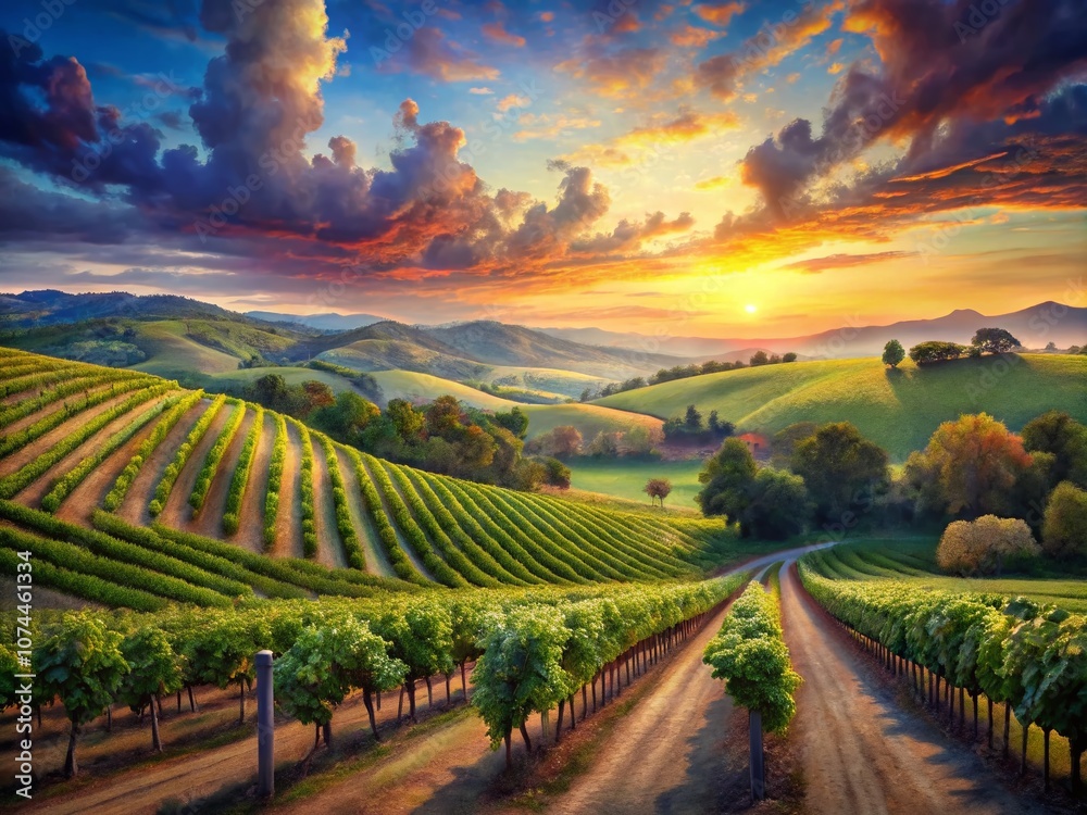 Naklejka premium Captivating Vineyard Landscape in Watercolor: A Serene View of Rolling Hills, Lush Grapevines, and a Tranquil Sky at Sunset
