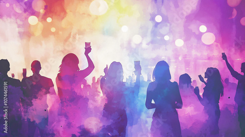 Colorful silhouettes of people celebrating with drinks in vibrant atmosphere, creating joyful and festive mood. background features blend of bright colors and soft bokeh effects