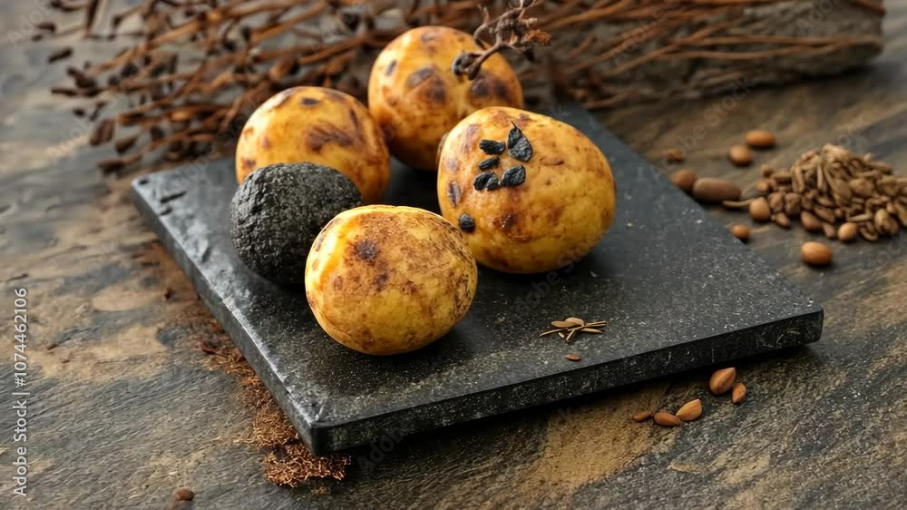 Roasted potatoes and a black truffle on a black slate board Roasted potatoes and a black truffle on a black slate board