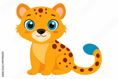 Adorable cartoon cheetah sitting with a happy smile.