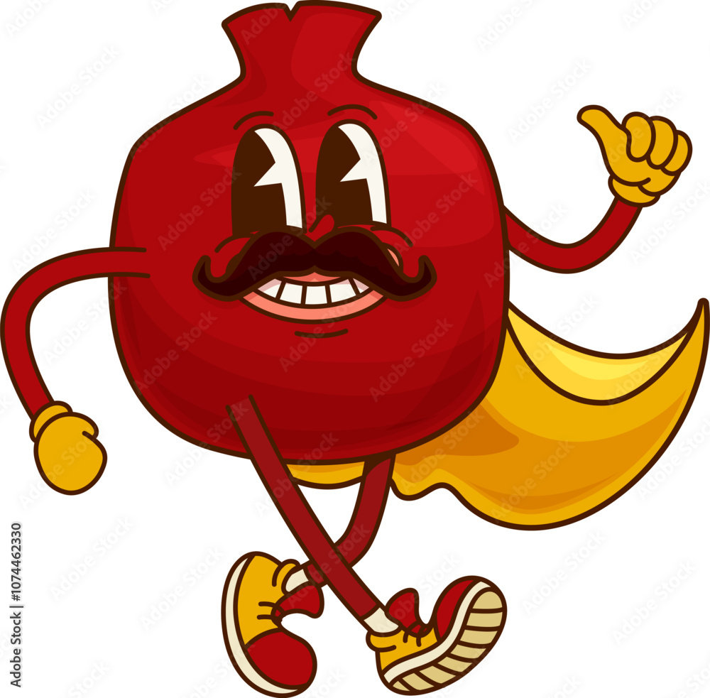 Obraz premium Groovy pomegranate fruit Halloween wizard character. Juicy tropical fruit wizard happy cartoon vector character, ripe pomegranate sorcerer or mage isolated groovy personage or happy smiling mascot