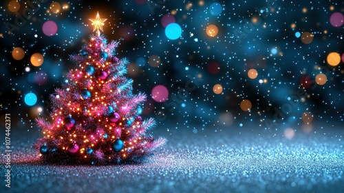 Brightly Lit Christmas Tree with Colorful Ornaments and Star Topper Gleaming in Winter Snowfall Against a Blurred Bokeh Background of Festive Lights