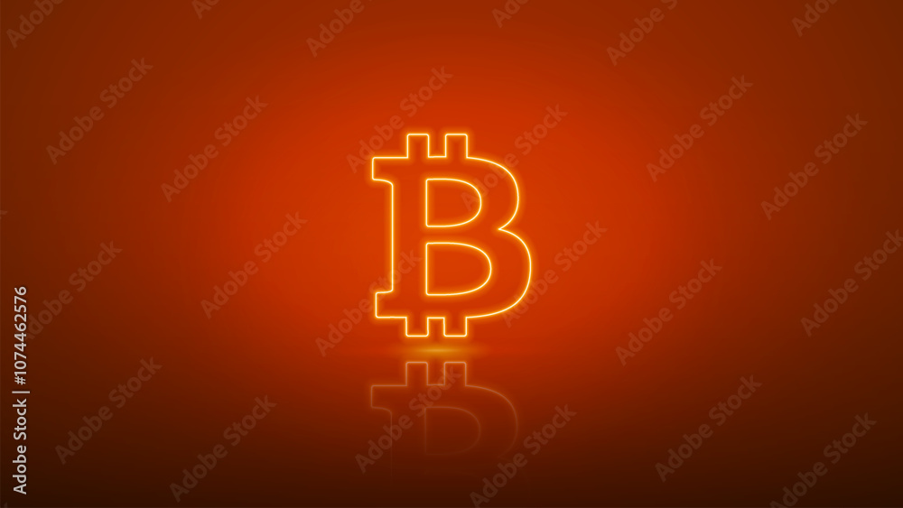 Bitcoin glowing neon sign. Concept shine bitcoin exchange and payment. Cryptocurrency symbol on bright orange background. Bitcoin glowing neon sign. Concept shine bitcoin exchange and payment. Cryptocurrency symbol on bright orange background.