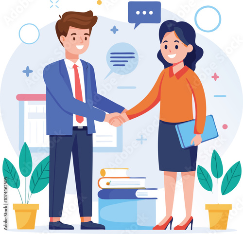 People shaking hands at work - Two businesspeople, man and woman doing handshake in office at work while smiling over business agreement and deal. Flat design stock illustration on white background