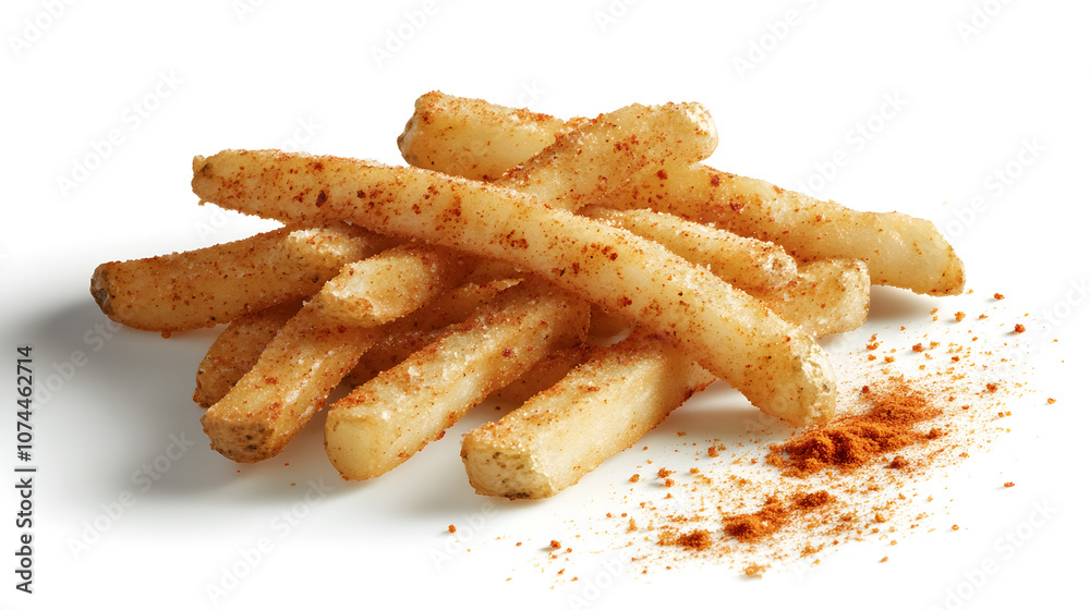 Golden, crispy fries with a hint of spice are piled high on a plate. Golden, crispy fries with a hint of spice are piled high on a plate.