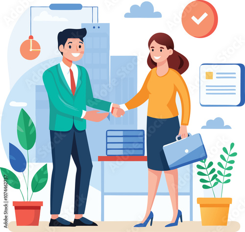 People shaking hands at work - Two businesspeople, man and woman doing handshake in office at work while smiling over business agreement and deal. Flat design stock illustration on white background