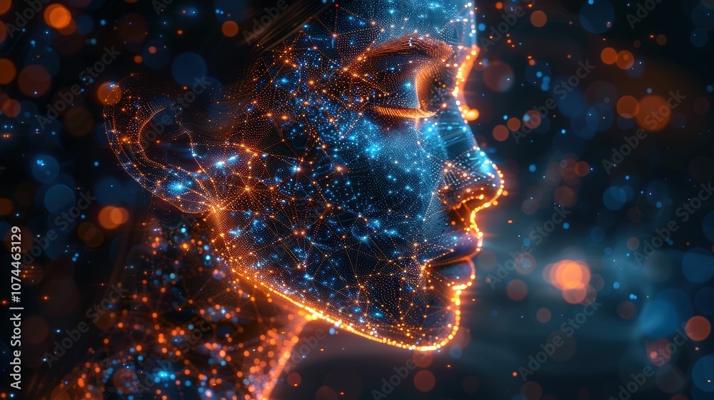 Glowing Digital Portrait of a Woman with a Network of Lights and Colorful Particles Representing Technology and Innovation in a Futuristic Setting