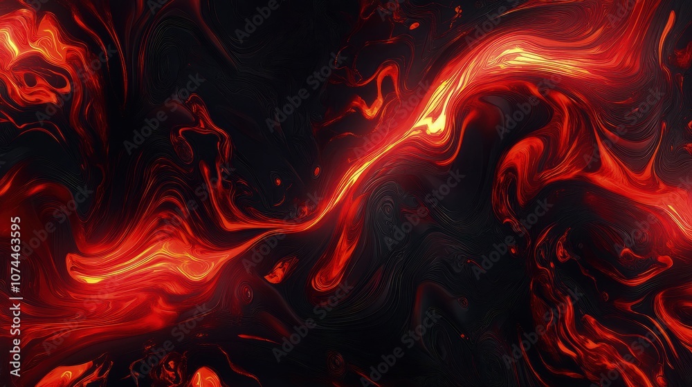 A mesmerizing abstract liquid background with swirling red and black patterns, creating a sense of fiery energy and intensity, with glowing, molten textures.