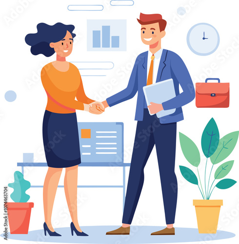 People shaking hands at work - Two businesspeople, man and woman doing handshake in office at work while smiling over business agreement and deal. Flat design stock illustration on white background