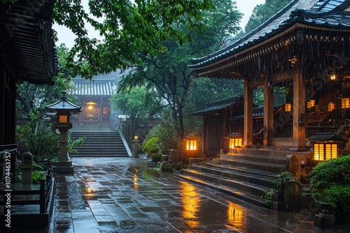 A peaceful temple courtyard in the rain, lanterns glowing softly, and puddles collecting on the ground.