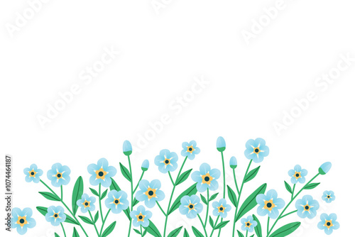 Forget me not flower frame. Rectangular frame with flowers on bottom. Delicate blue flowers. Vector illustration.