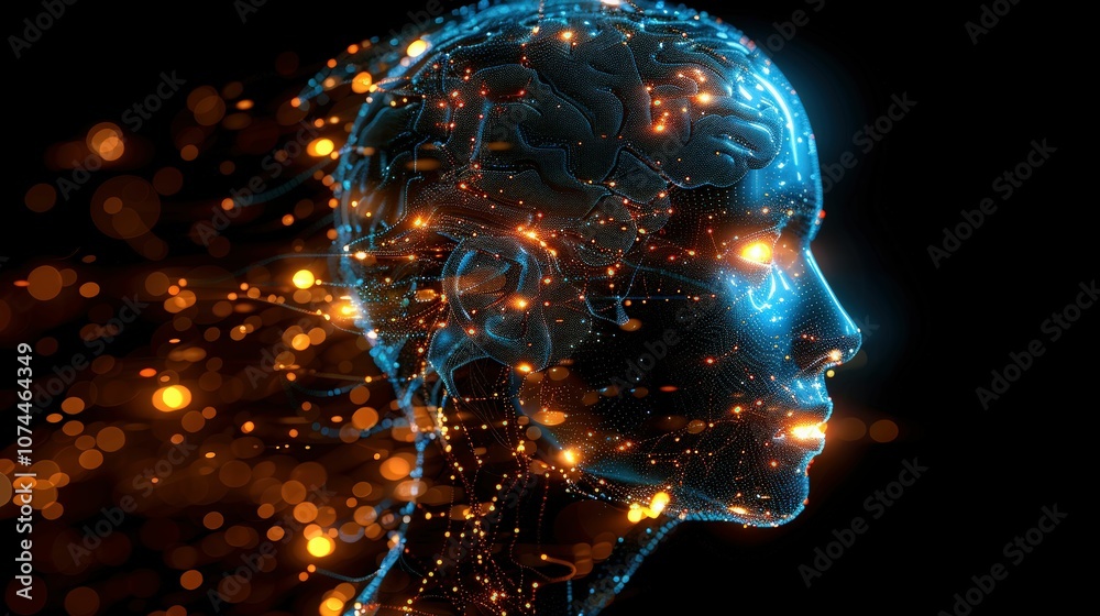 Futuristic Profile of a Human Head with Digital Brain Design and Flowing Light Particles Representing Technology and Innovation in Artificial Intelligence Futuristic Profile of a Human Head with Digital Brain Design and Flowing Light Particles Representing Technology and Innovation in Artificial Intelligence