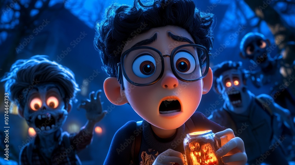 Spooky Night Boy Scared by Zombies Halloween Animation 3D Render Spooky Night Boy Scared by Zombies Halloween Animation 3D Render