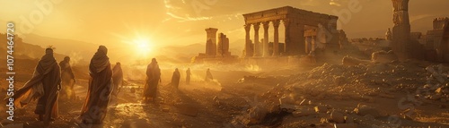 Amidst ancient ruins, a group of time travelers debates the morality of saving a historical figure from a tragic fate 3D render showcasing the intense discussion under golden hour lighting