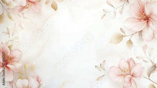 A pastel floral pattern with soft pink and gold accents on an elegant white background, perfect for a wedding invitation cover.