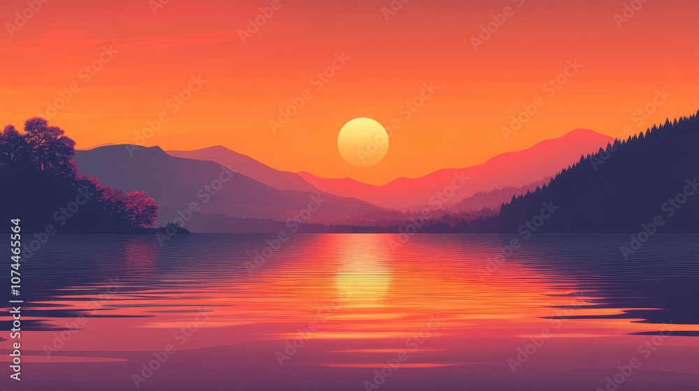 Obraz premium Sunset over a lake with mountains and trees in the distance