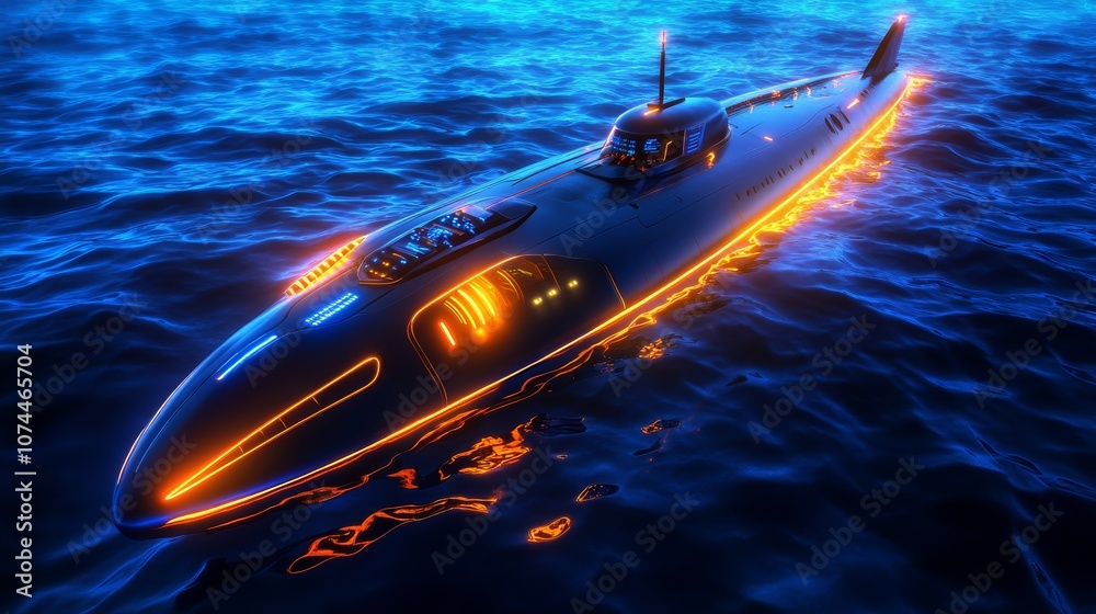 Fototapeta premium Futuristic Submarine Ocean Night Underwater Technology