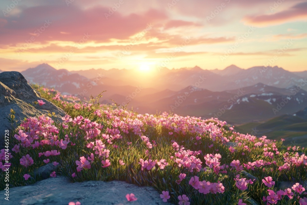 Obraz premium A mountain landscape with pink flowers and a dramatic sunset