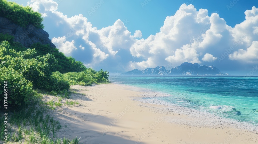 Tranquil Beach Scene with Lush Vegetation and Distant Mountains Tranquil Beach Scene with Lush Vegetation and Distant Mountains