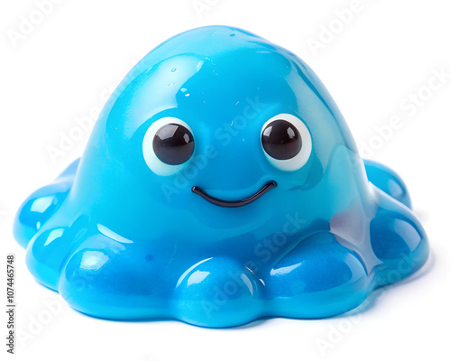 A playful, bright blue slime toy with a glossy finish, featuring big, friendly cartoonish eyes and a cheerful smile. Perfect for children's fun and creativity
