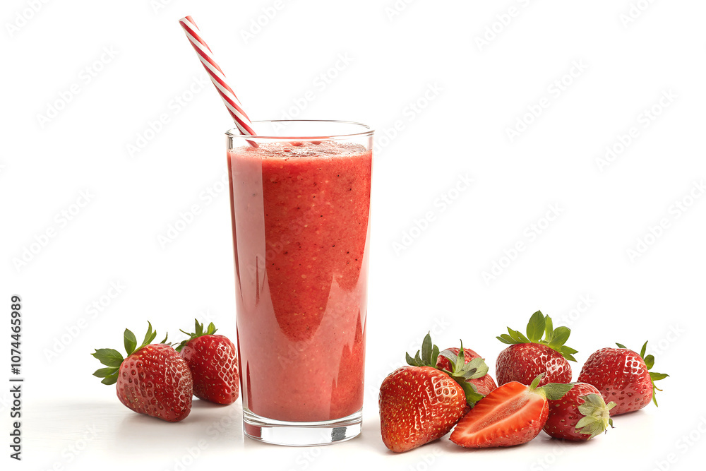A tall glass filled with bright red smoothie stands on a white surface. A red and white striped straw peeks out from underneath. Fresh strawberries, both whole and cut in half. A tall glass filled with bright red smoothie stands on a white surface. A red and white striped straw peeks out from underneath. Fresh strawberries, both whole and cut in half.