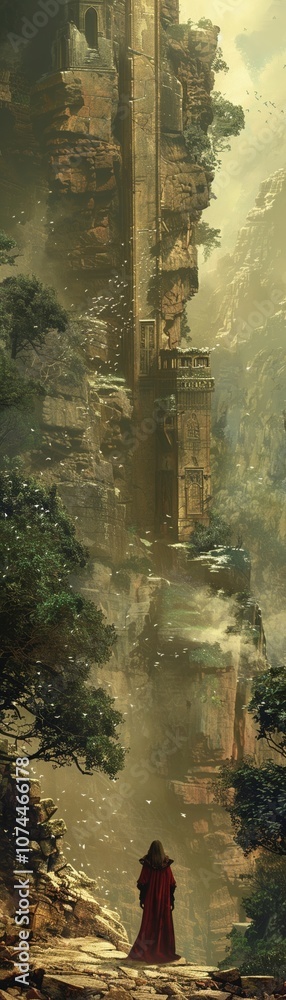 Naklejka premium Amongst ancient ruins, a mysterious figure harnesses the elements to summon a gentle snowfall on a summers day Serene and magical, the scene defies natures laws effortlessly Painting, Golden hour,