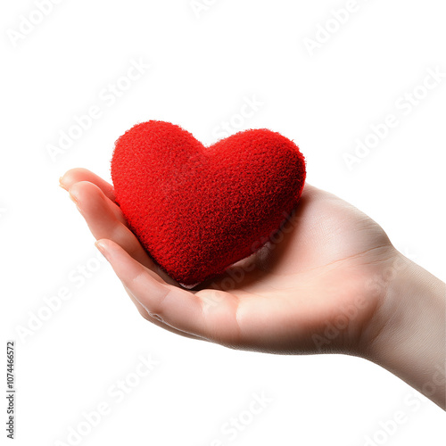 Hand holding red heart symbol on transparent background, love, care, and support concept.