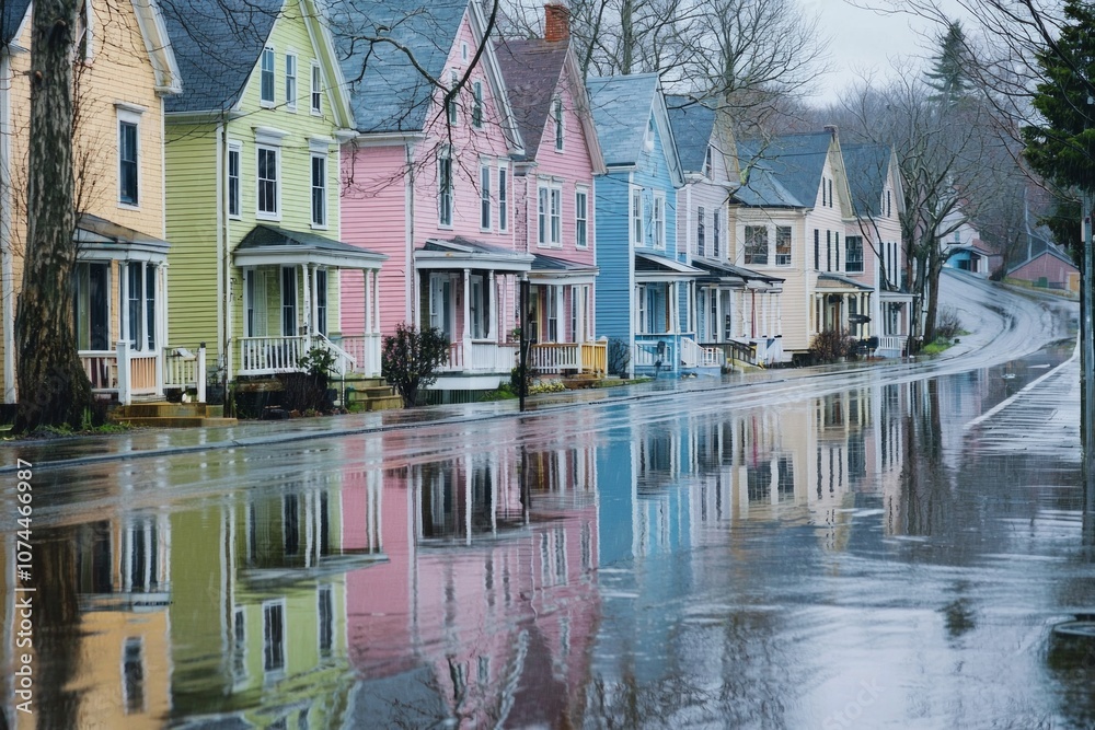A row of pastel-colored houses on a rainy street, reflections shimmering on the wet pavement . A row of pastel-colored houses on a rainy street, reflections shimmering on the wet pavement .
