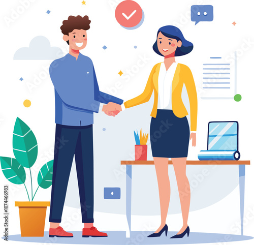People shaking hands at work - Two businesspeople, man and woman doing handshake in office at work while smiling over business agreement and deal. Flat design stock illustration on white background