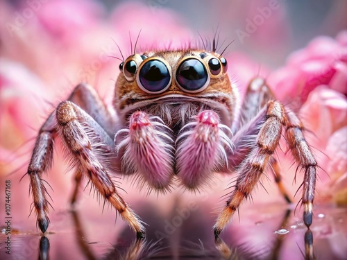 Close-Up of a Pink Arachnid with Large Eyes and Elongated Palp in a Dreamy Double Exposure Setting Surrounded by a Soft Hazy Backdrop for Nature and Wildlife Photography photo