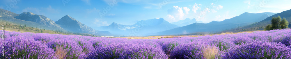 panoramic view of vibrant lavender field in full bloom, surrounded by majestic mountains and clear blue sky, evokes sense of tranquility and natural beauty panoramic view of vibrant lavender field in full bloom, surrounded by majestic mountains and clear blue sky, evokes sense of tranquility and natural beauty