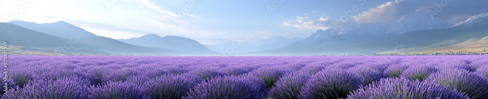 stunning panoramic view of lavender field in full bloom, showcasing vibrant purple flowers against backdrop of majestic mountains and clear blue sky. scene evokes tranquility and natural beauty stunning panoramic view of lavender field in full bloom, showcasing vibrant purple flowers against backdrop of majestic mountains and clear blue sky. scene evokes tranquility and natural beauty