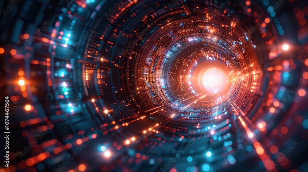 Futuristic Abstract Background with Fiery Light, Glowing Particles, and Circular Patterns Representing Technology and Data Flow in a Digital World Futuristic Abstract Background with Fiery Light, Glowing Particles, and Circular Patterns Representing Technology and Data Flow in a Digital World