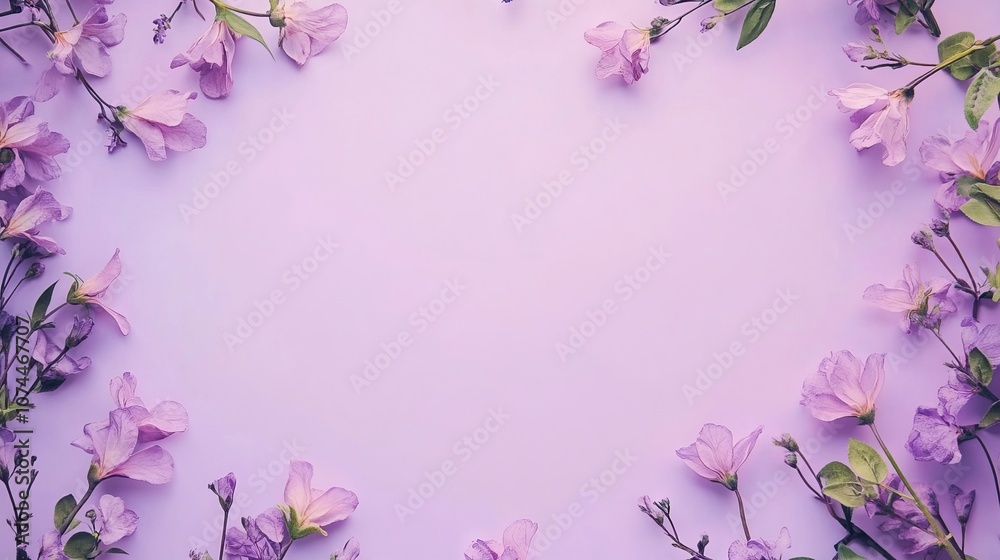 Delicate purple flowers on monochromatic purple background with space for text – ideal for wedding invitations, international women’s day, or mother’s day themes