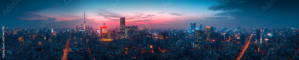 Obraz premium stunning panoramic view of bustling city skyline at dusk, showcasing vibrant lights and towering skyscrapers against colorful sunset