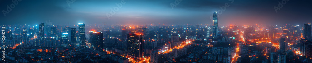 Fototapeta premium stunning panoramic view of bustling city skyline at night, showcasing vibrant lights and towering skyscrapers. atmosphere is alive with energy and urban charm