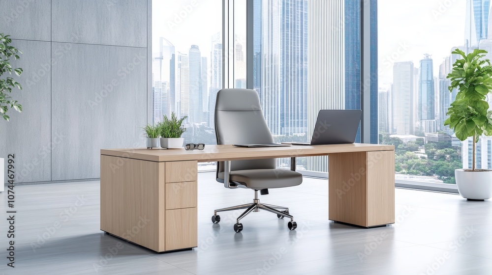Fototapeta premium Modern Office Desk City View Laptop Plants Workspace