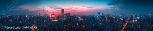 stunning panoramic view of bustling city skyline at dusk, showcasing vibrant lights and towering skyscrapers against colorful sunset