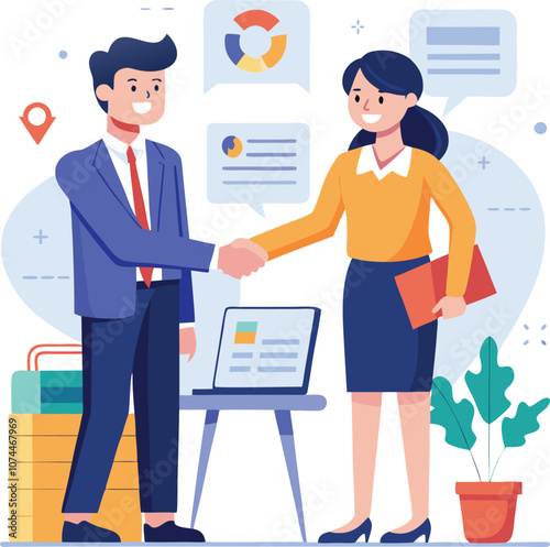 People shaking hands at work - Two businesspeople, man and woman doing handshake in office at work while smiling over business agreement and deal. Flat design stock illustration on white background