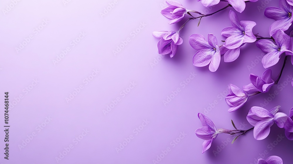 Delicate purple flowers on monochromatic purple background with space for text – ideal for wedding invitations, international women’s day, or mother’s day themes