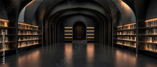 A large, empty library with shelves of books and a long archway