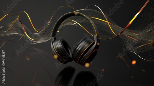 Black Headphones with Golden Accents and Abstract Wave