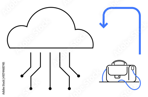 Cloud with circuit lines connecting to briefcase and downward arrow. Ideal for technology, cloud storage, digital data transfer, remote work, business solutions, IT infrastructure, and networking