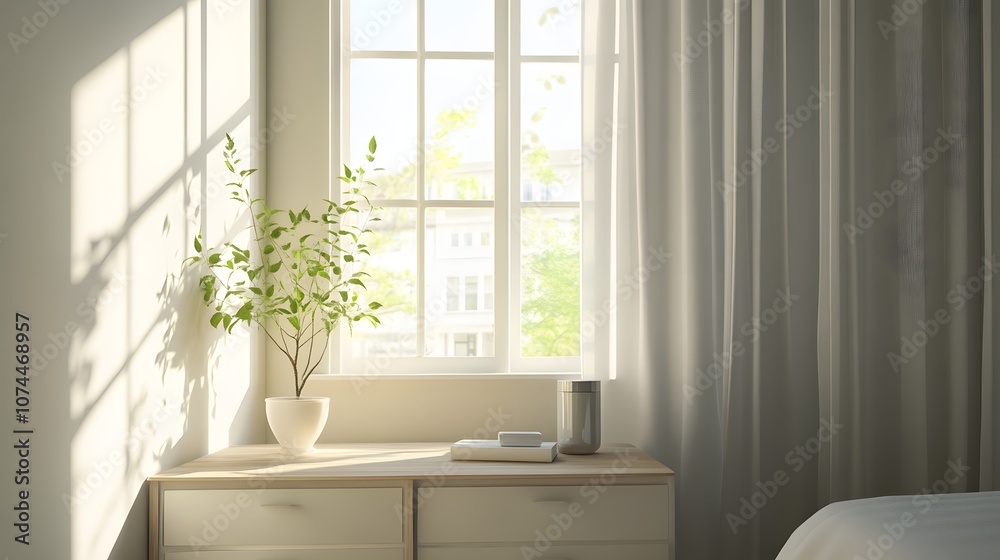 Fototapeta premium 31. A serene, modern bedroom with natural light filtering in, leaving an empty space on the dresser for a product