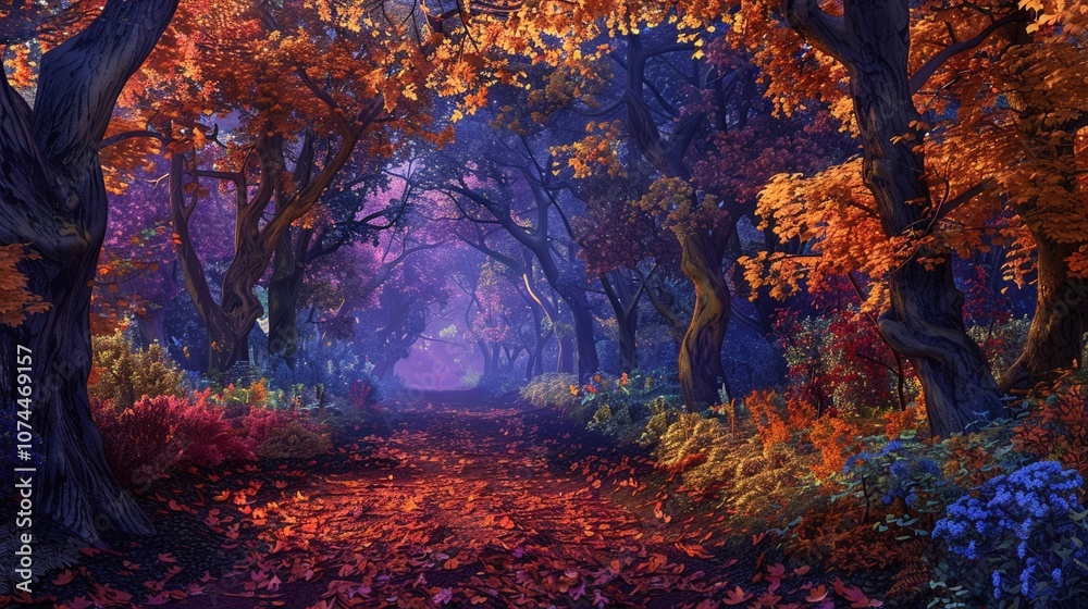 Fototapeta premium An ancient enchanted forest where the leaves change color with the music played by unseen musicians