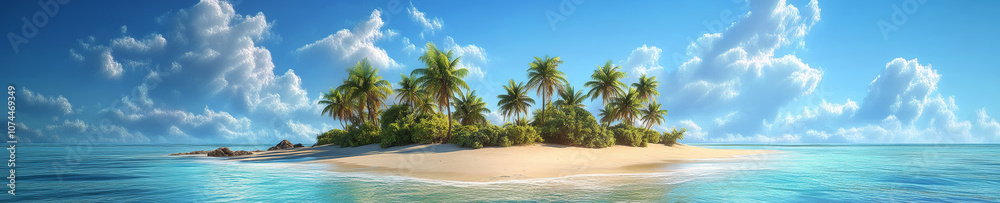 Obraz premium panoramic view of tropical island featuring lush palm trees, soft sandy beaches, and clear blue waters under bright sky. This serene landscape evokes sense of tranquility and paradise