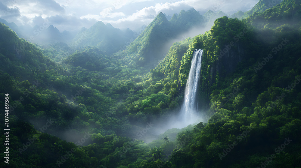 An aerial view of a secret waterfall hidden within a lush valley, showcasing the natural beauty and untouched landscape An aerial view of a secret waterfall hidden within a lush valley, showcasing the natural beauty and untouched landscape