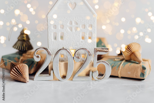 Christmas and New Year card. Number 2025 on holiday background with lights bokeh garlands. Holiday postcard. Happy New Year 2025 Card Concept photo