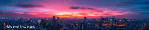 stunning hyperrealistic panorama of city skyline at sunset, showcasing vibrant colors and dramatic clouds. scene captures beauty of urban life as day transitions to night